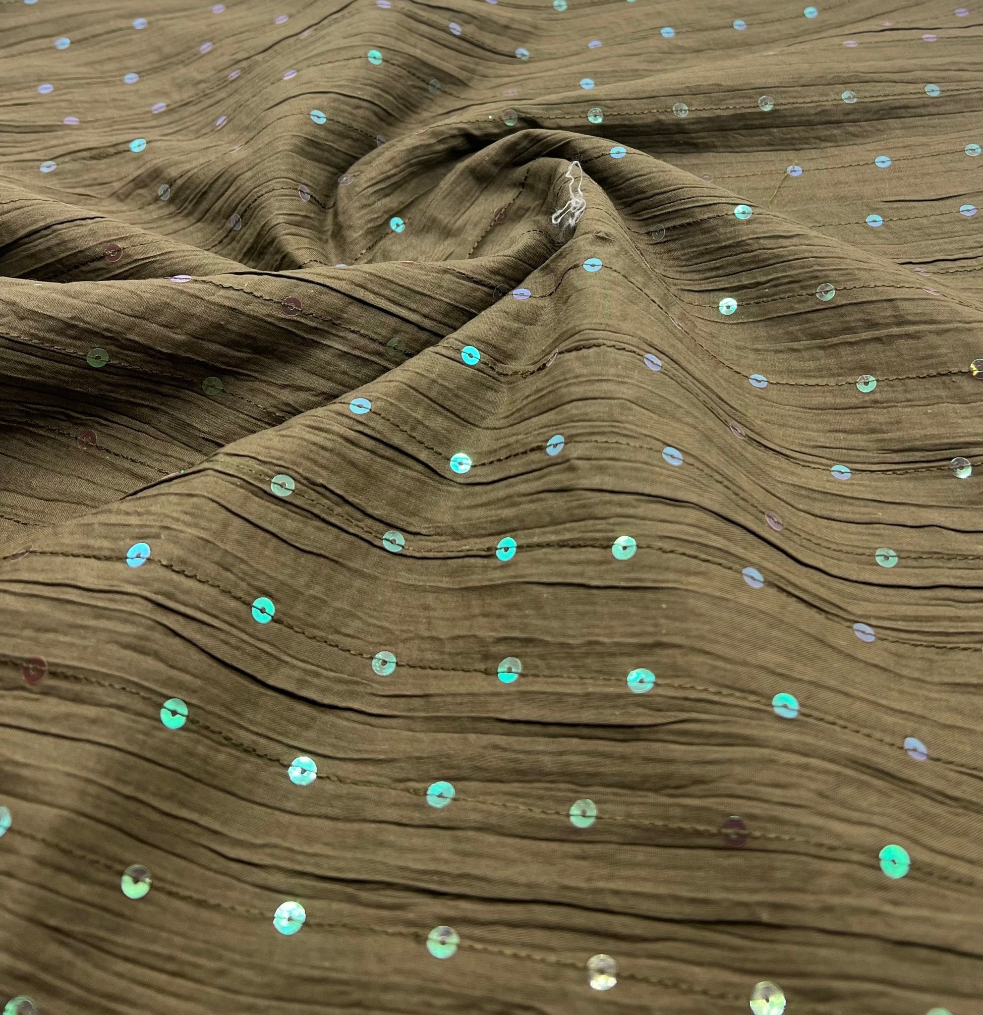 Khaki Sequin Crinkled Lightweight Non Stretch Woven Fabric - T9 Fabrics